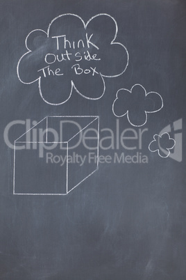 Cloud bubbles containing a message and a box drawn on a blackboa