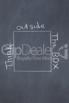 Words "think outside the box" written around a square on a black