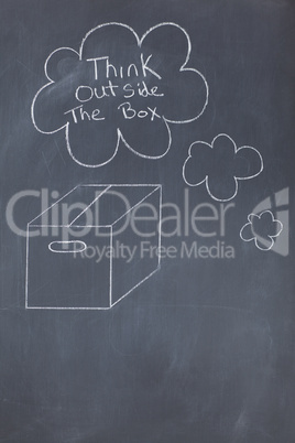 Cloud bubbles containing a message and a box drawn on a blackboa