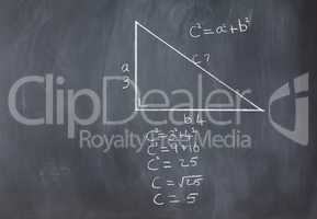 Right triangle with pythagorean formula and calculations on a bl