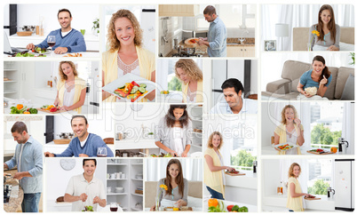 Montage of young adults preparing meals