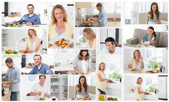 Montage of young adults preparing meals