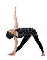 woman stand in yoga triangle pose isolated