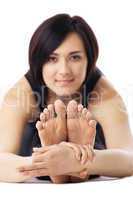 woman relaxed in yoga pose - focus on fingers sign