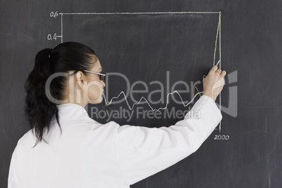 Dark-haired scientist drawing charts on the blackboard