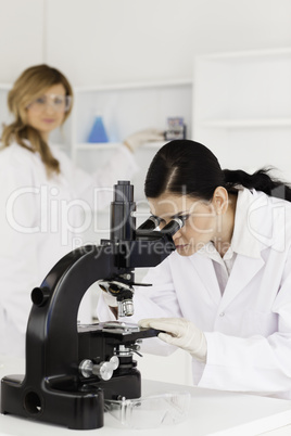 Two female scientists carrying out an experiment