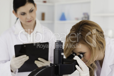 Attractive blond-haired scientist and her assistant conducting a