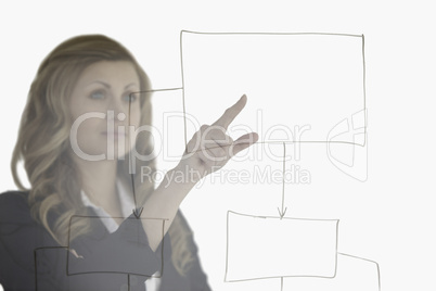 Young blond-haired woman thinking about a diagram