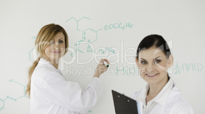 Attractive scientist writting a formula helped by her assistant