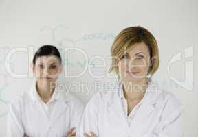 Two attractive women in front of a white board