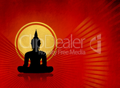 Black buddha silhouette against red grunge background with rays and golden abstract sun - Schwarze Buddha Silhouette vor rotem Hintergrund mit Strahlen und goldener Sonne