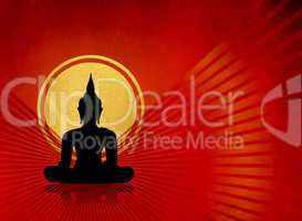 Black buddha silhouette against red grunge background with rays and golden abstract sun - Schwarze Buddha Silhouette vor rotem Hintergrund mit Strahlen und goldener Sonne
