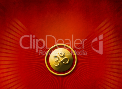 Golden OM sign on red grunge background with rays and copy space - OM Zeichen, golden mit rotem Hintergrund und Strahlen