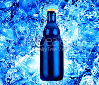 Bottle beer on fresh blue ice