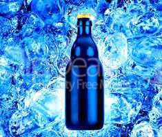 Bottle beer on fresh blue ice