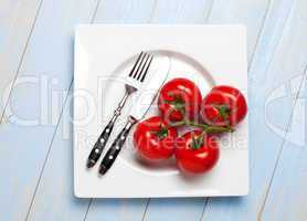 vier Tomaten auf einem weißen Teller