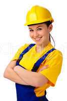 Young beautiful woman in construction uniform