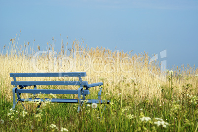 Blaue Bank am Meer