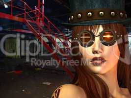 Steampunk beauty vor roter Treppe