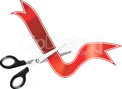 Vector art of scissors cutting ribbon in front of currency symbo