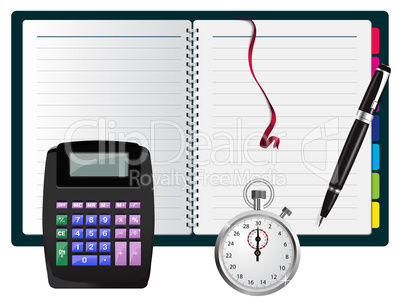 Vector note with calculator, pen and stopwatch