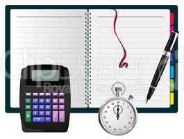 Vector note with calculator, pen and stopwatch