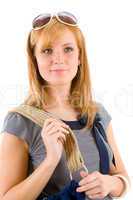 Young woman hold handbag marine outfit