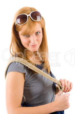 Young woman hold handbag marine outfit