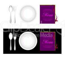 Plate, fork, spoon, menu