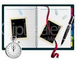 Stopwatch, paperclips, notebook with bookmark