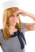 Young marine woman saluting navy outfit