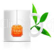 vector tea mug with teabag label and leaves