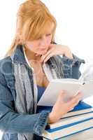 Student young woman read book