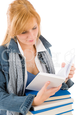 Student young woman read book