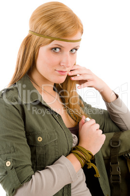 Hippie young woman khaki outfit fashion portrait