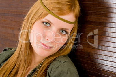 Hippie young woman in khaki outfit