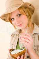 Safari young woman drink coconut straw