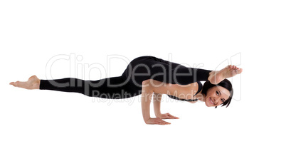 woman smile in arm balance asana isolated