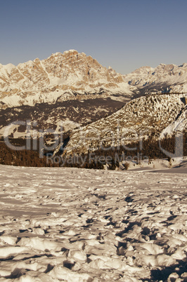 Snowy Landscape of Dolomites Mountains during Winter