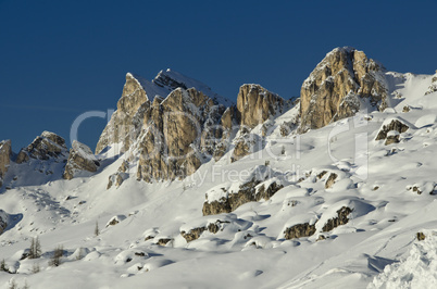Snowy Landscape of Dolomites Mountains during Winter