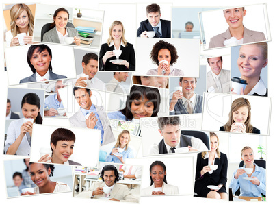 Collage of people drinking coffee