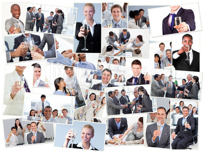 Collage of businessmen toasting and drinking champagne