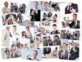 Collage of businessmen toasting and drinking champagne
