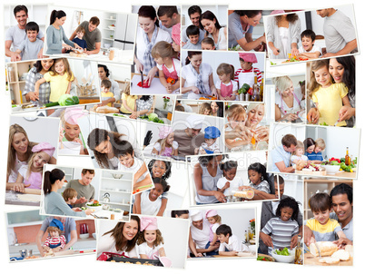 Collage of adults cooking with their children