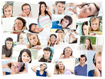 Collage of single people listening to music