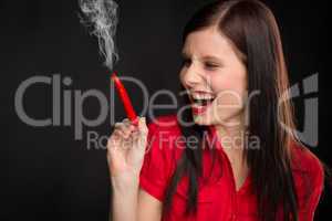 Chili pepper portrait young woman smoke red hot
