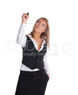 Young businesswoman draw with marker isolated