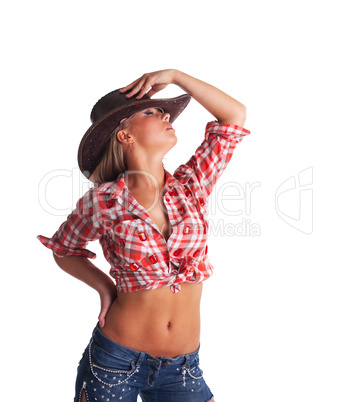 sexy young cowgirl take hand on hat isolated
