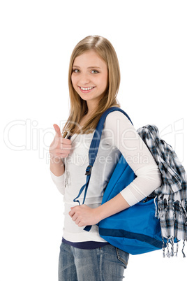 Thumbs up student teenager woman with shoolbag