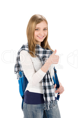 Thumbs up student teenager woman with shoolbag